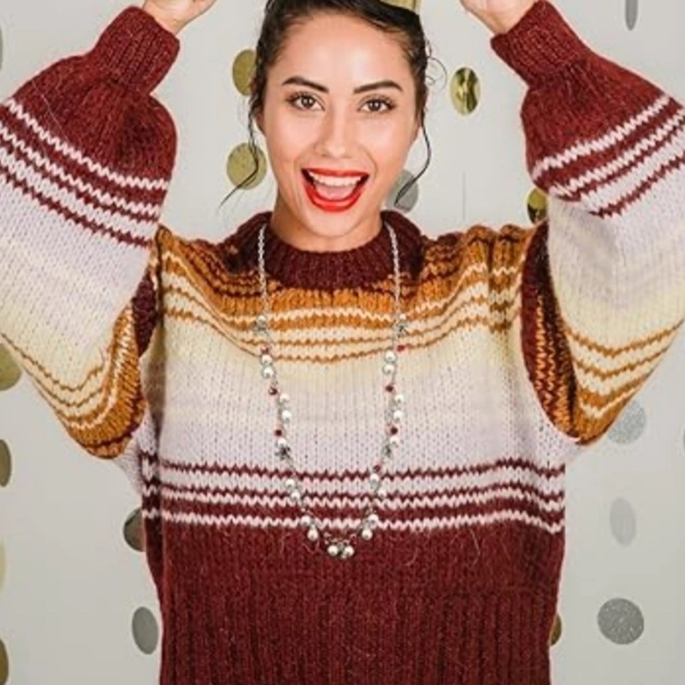 Zara Stripe Knit Sweater Balloon Sleeve Wool Alpaca Burgundy Rust Lavender Cream